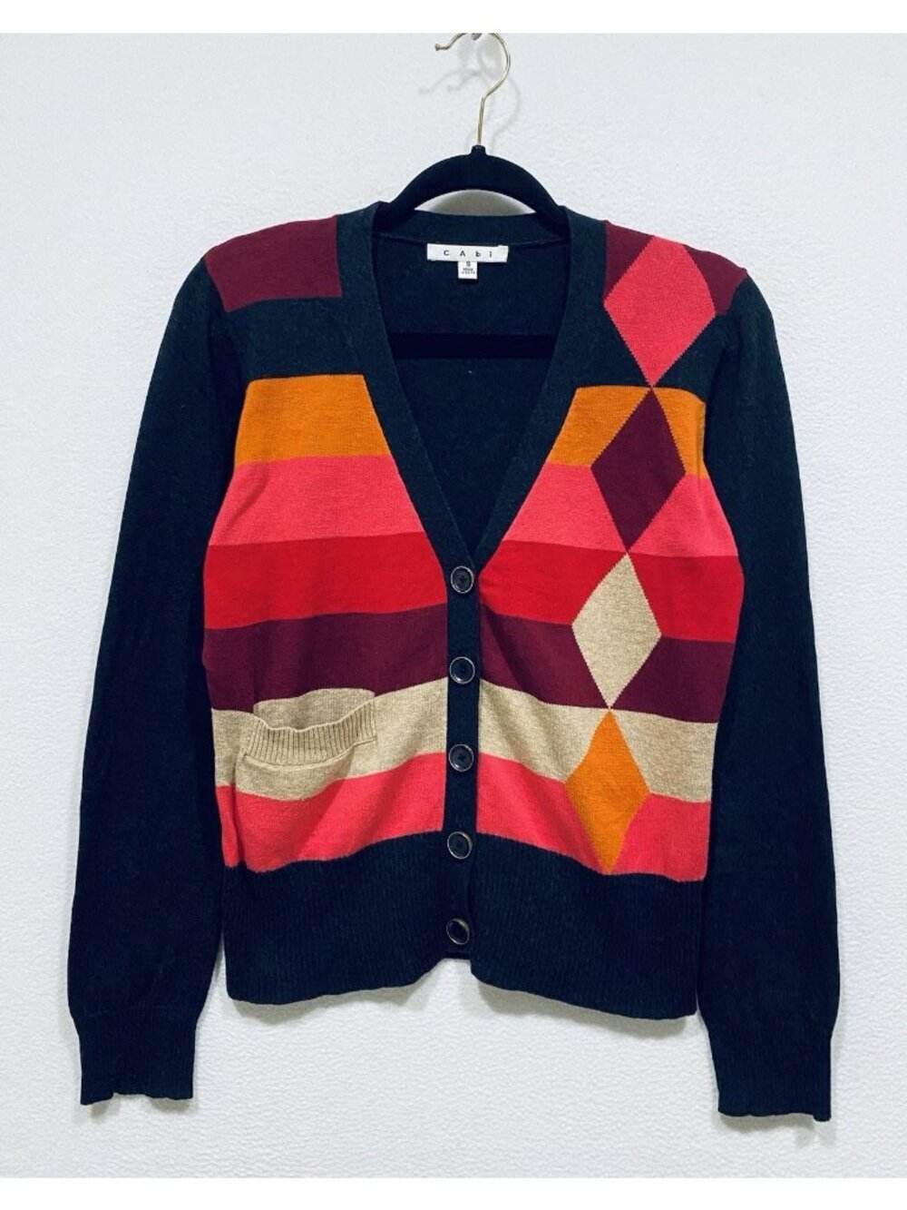 Cabi Cardigan Sweater Womens Small Color Block Argyle Striped Cropped Y2K Preppy